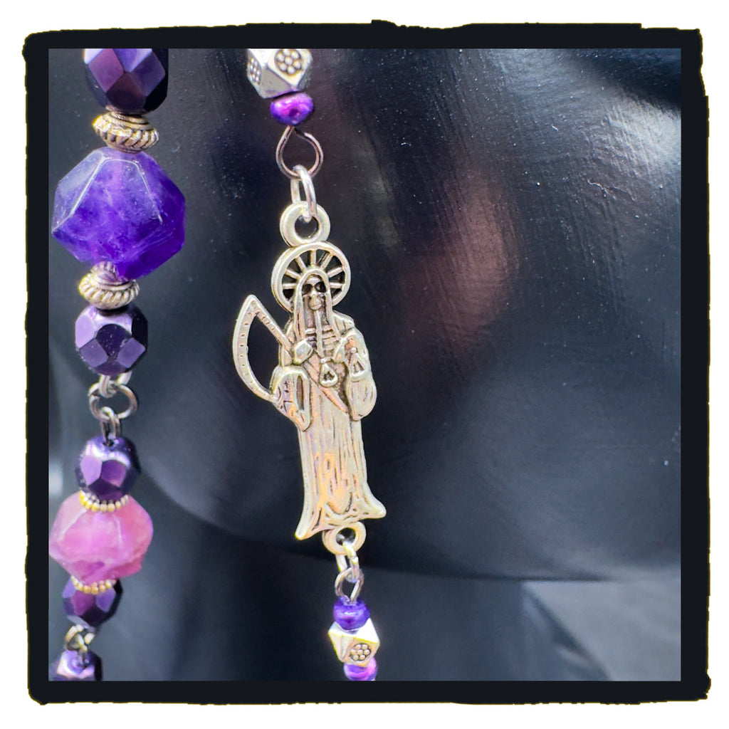 Death Loves Purple Handmade Eyewear Chain – Amethyst Beads, Reaper & Evil Eye Charms, Stainless Steel Chain