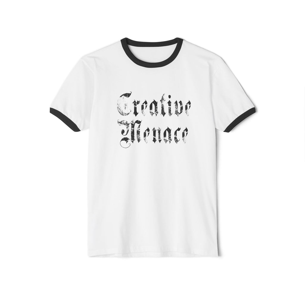"Creative Menace" Ringer T-Shirt — Gothic Script Graphic Tee