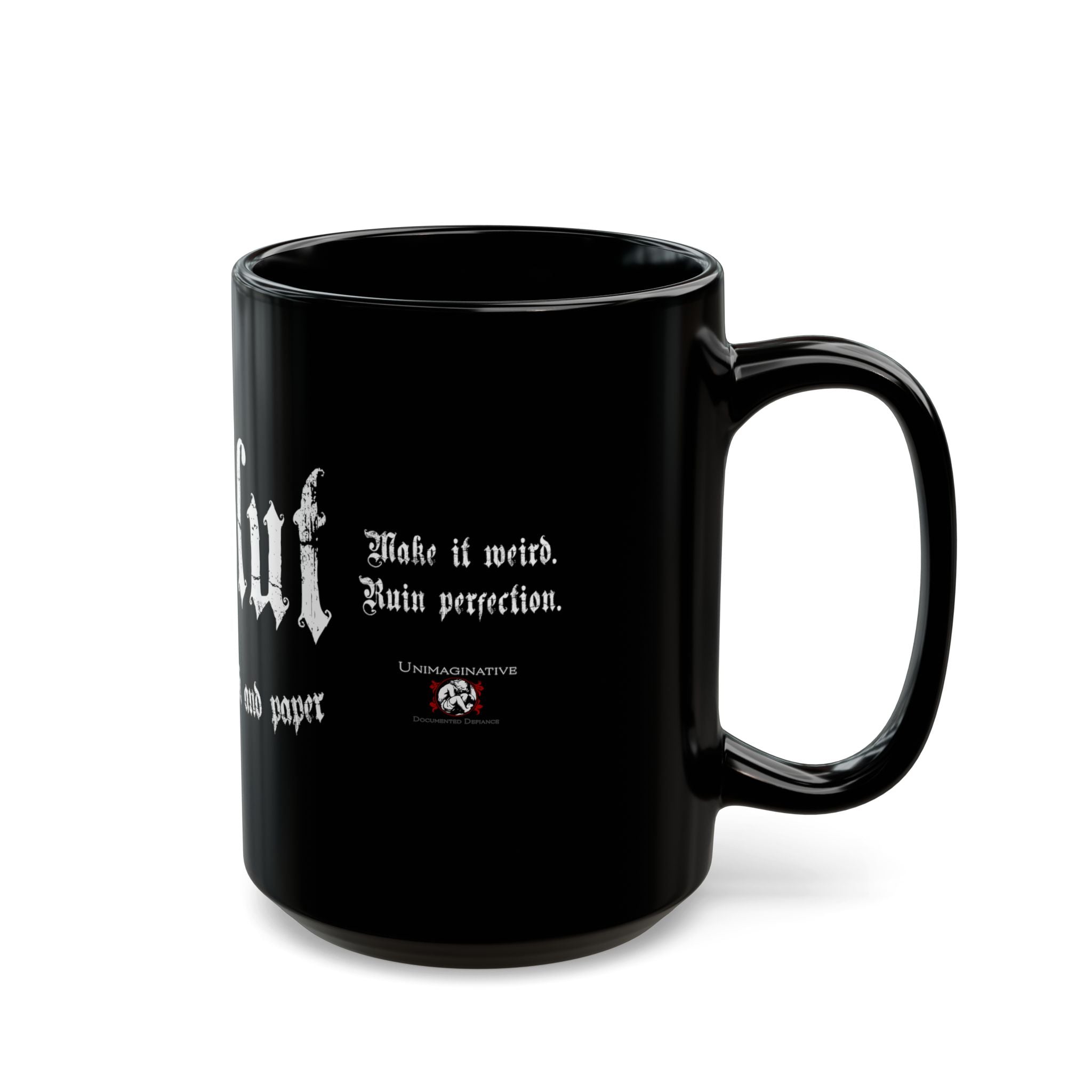 Art Slut black coffee mug with original Unimaginative design, alternate product view
