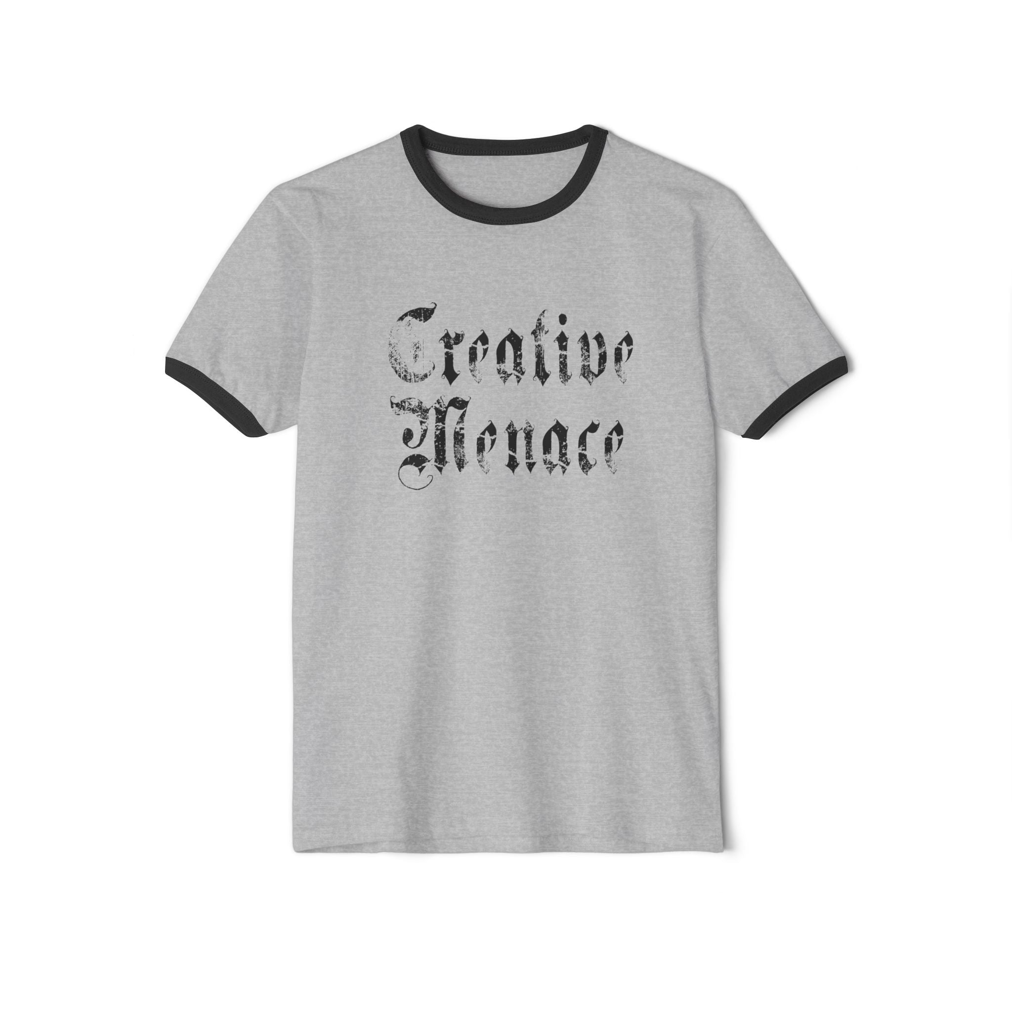 "Creative Menace" Ringer T-Shirt — Gothic Script Graphic Tee