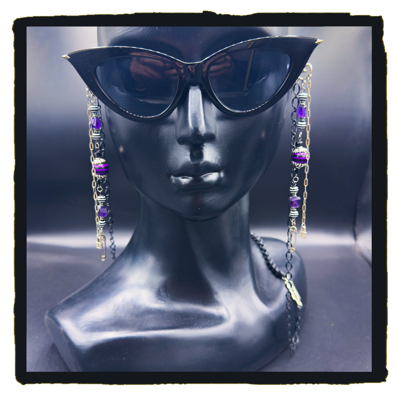 Heart Safety Handmade Eyewear Chain – Silver Heart Connector, Safety Pin & Padlock Charms with Amethyst