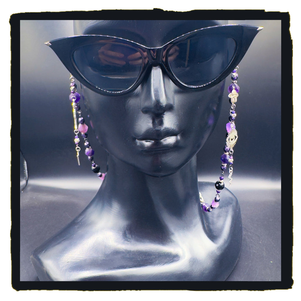 Death Loves Purple Handmade Eyewear Chain – Amethyst Beads, Reaper & Evil Eye Charms, Stainless Steel Chain