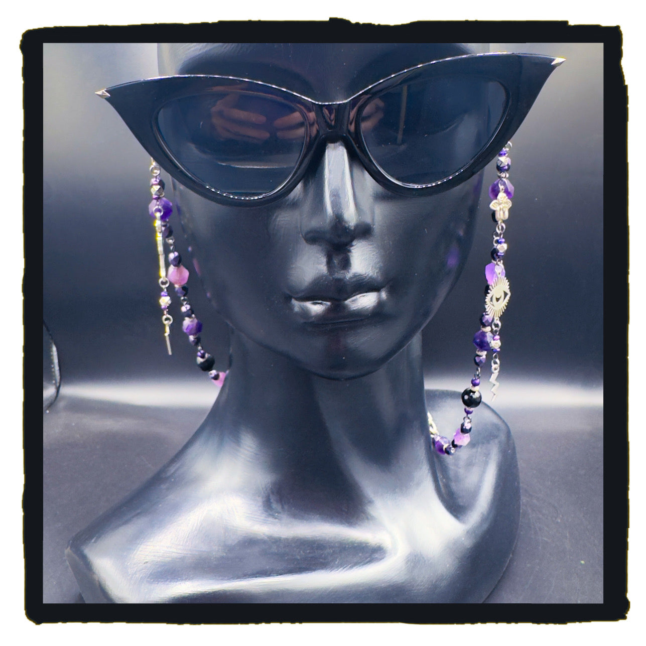 Death Loves Purple Handmade Eyewear Chain – Amethyst Beads, Reaper & Evil Eye Charms, Stainless Steel Chain