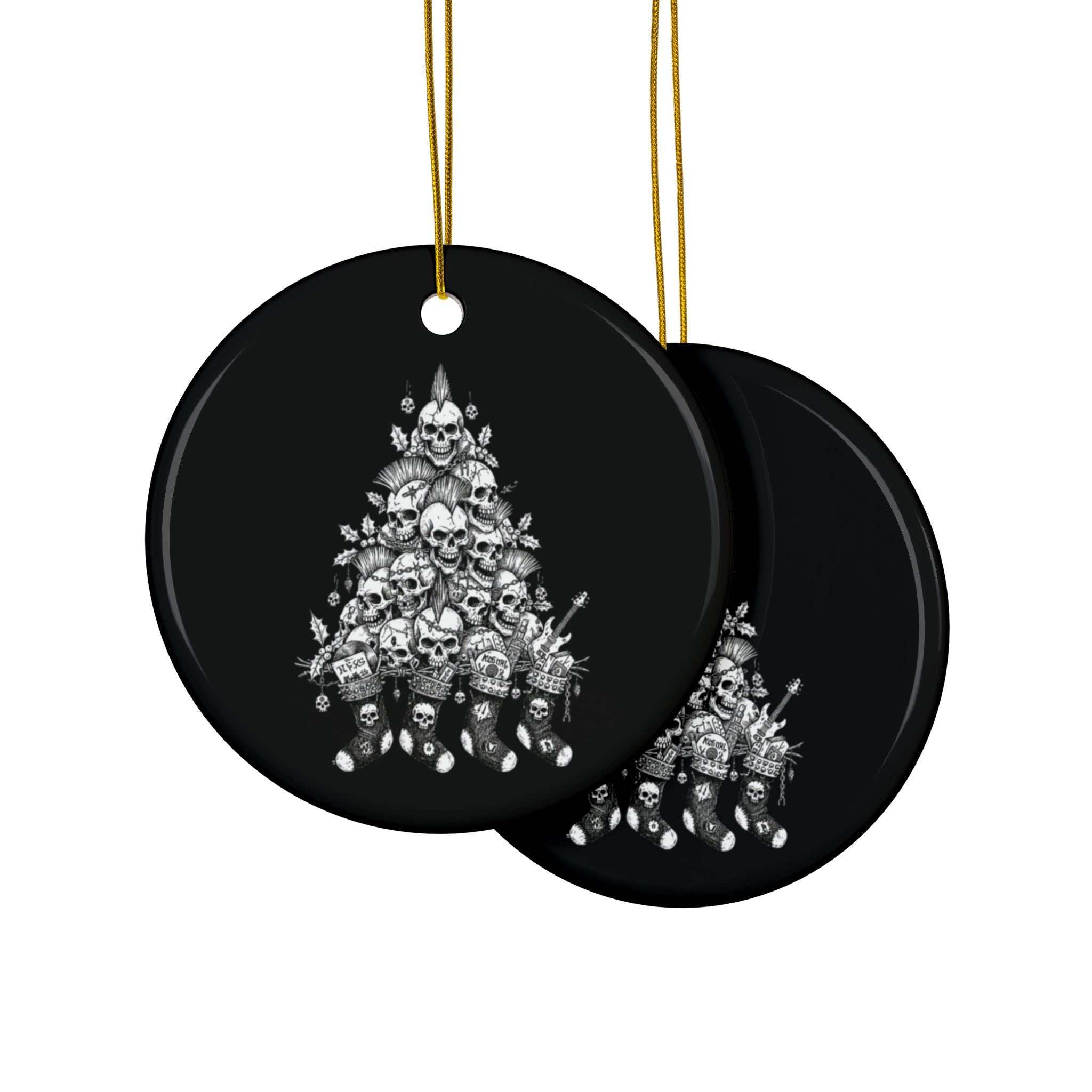 Punk Rock Christmas Ceramic Ornament — Black & White Tree and Stockings (Two-Sided)