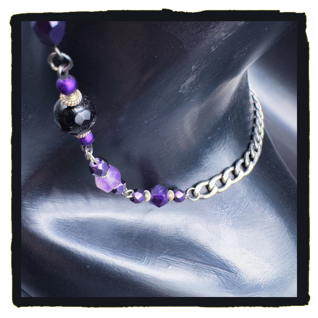 Death Loves Purple Handmade Eyewear Chain – Amethyst Beads, Reaper & Evil Eye Charms, Stainless Steel Chain