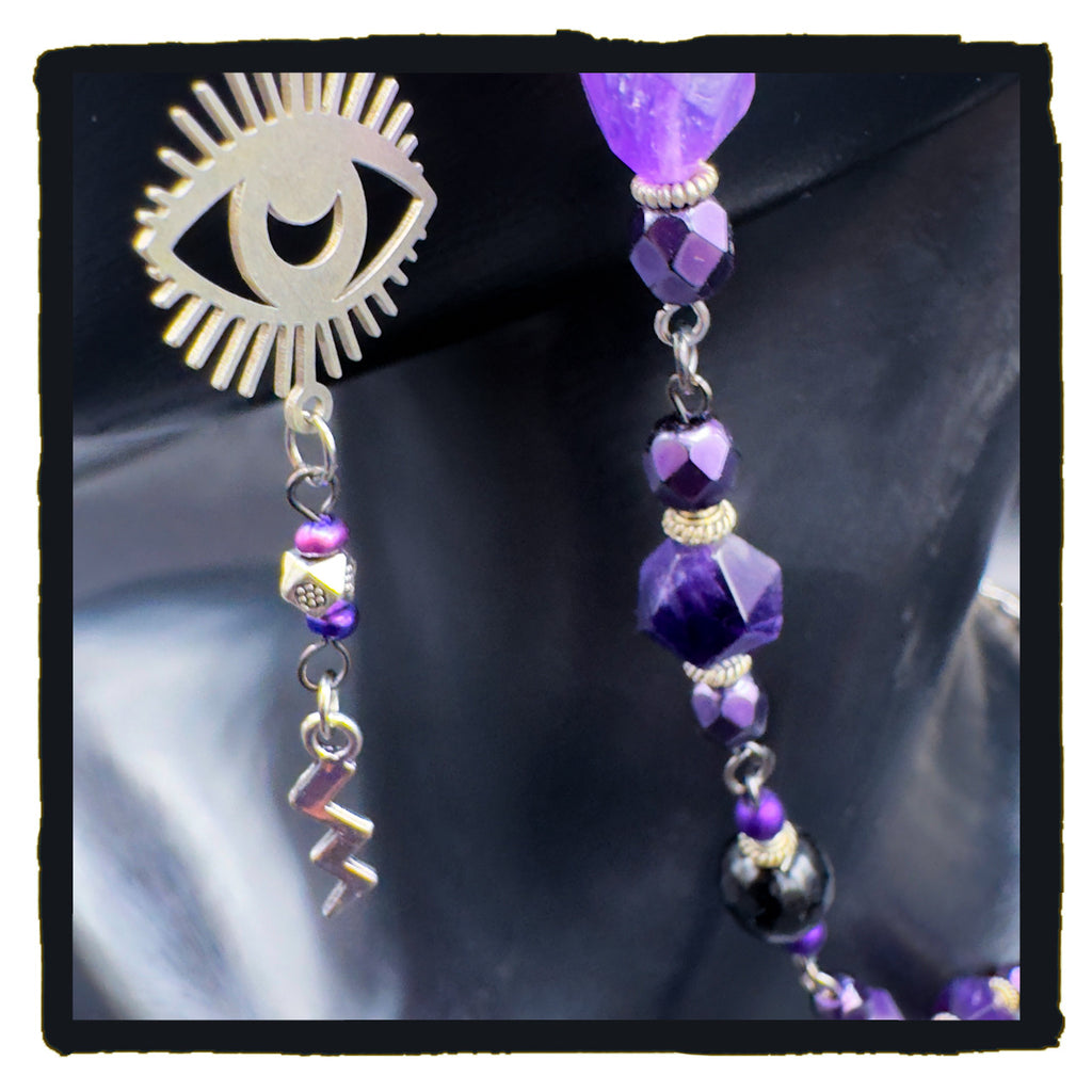 Death Loves Purple Handmade Eyewear Chain – Amethyst Beads, Reaper & Evil Eye Charms, Stainless Steel Chain