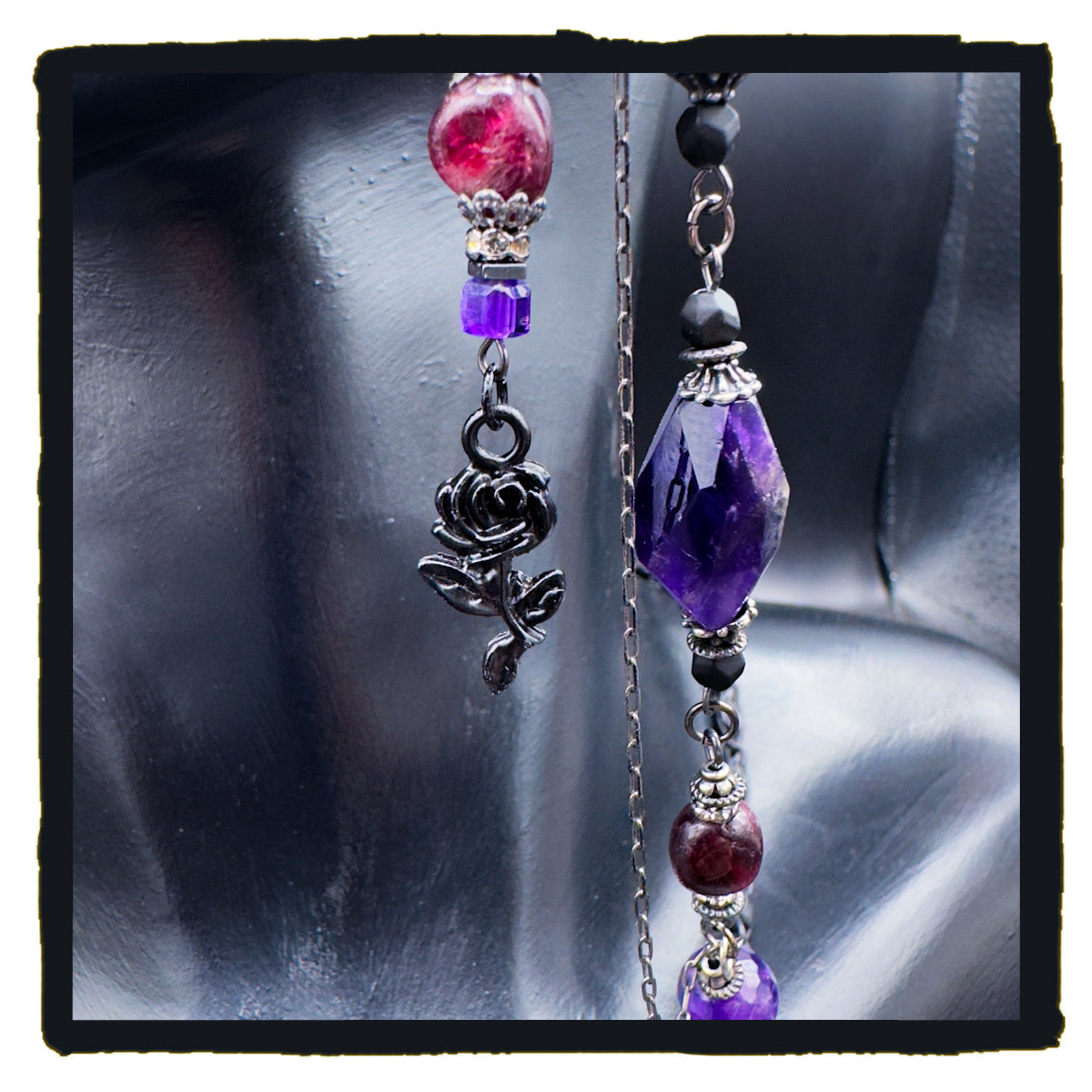 When Roses Bloom Handmade Eyewear Chain – Amethyst, Garnet & Black Rose Charms