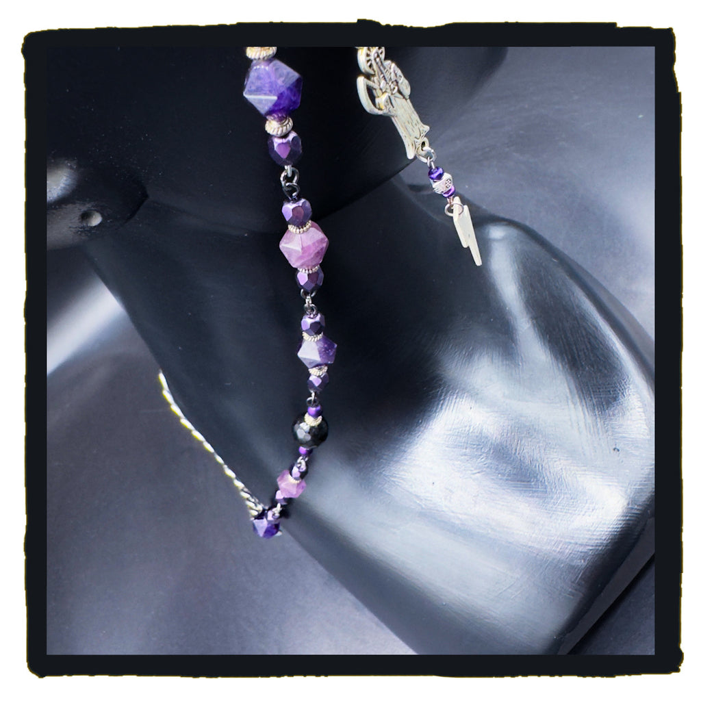 Death Loves Purple Handmade Eyewear Chain – Amethyst Beads, Reaper & Evil Eye Charms, Stainless Steel Chain