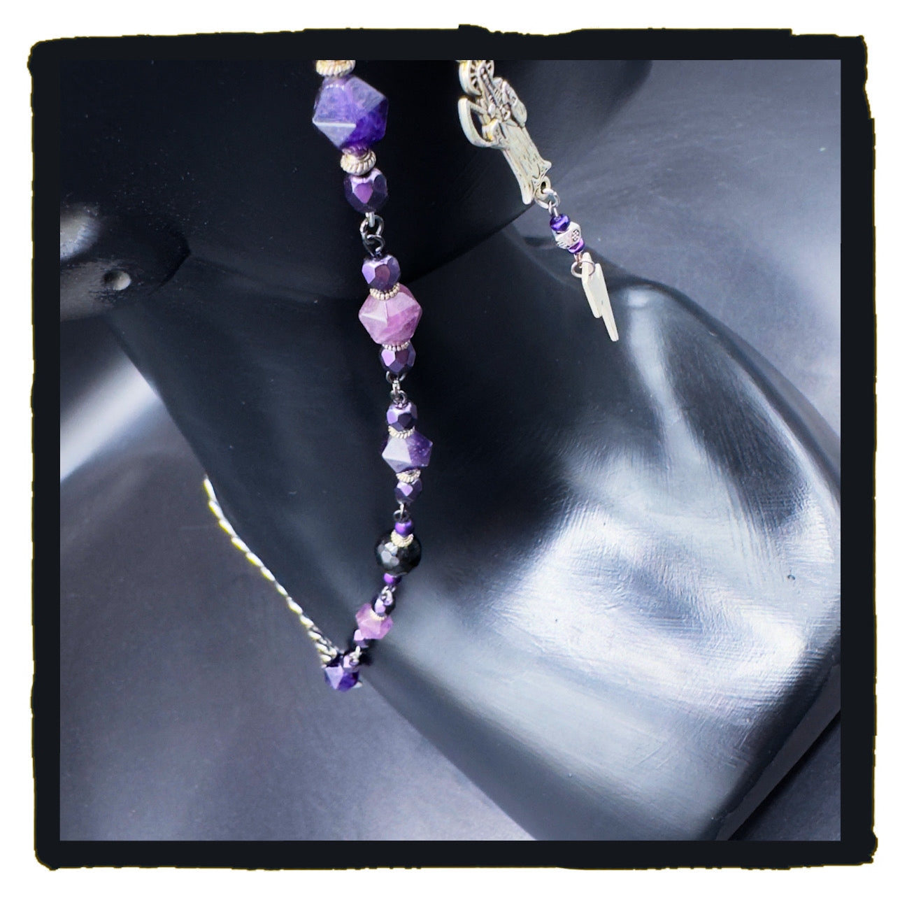 Death Loves Purple Handmade Eyewear Chain – Amethyst Beads, Reaper & Evil Eye Charms, Stainless Steel Chain