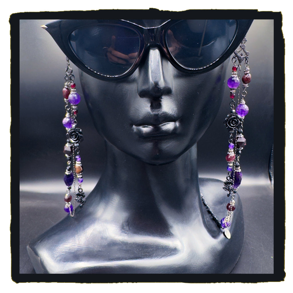 When Roses Bloom Handmade Eyewear Chain – Amethyst, Garnet & Black Rose Charms