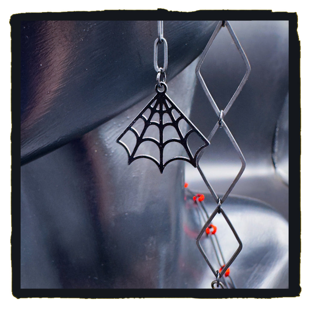 The Red Hour Handmade Eyewear Chain – Black Diamond Connectors, Red Rings & Spider Web Charms