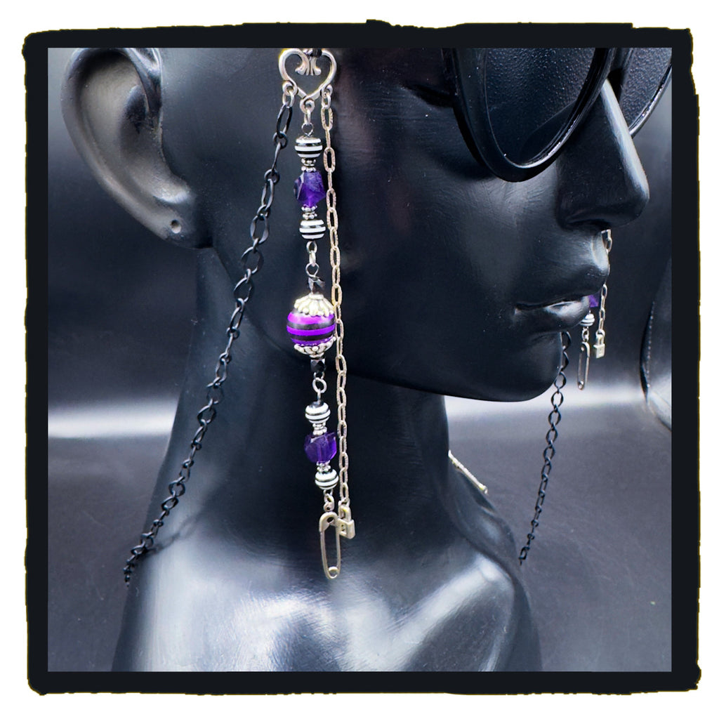 Heart Safety Handmade Eyewear Chain – Silver Heart Connector, Safety Pin & Padlock Charms with Amethyst
