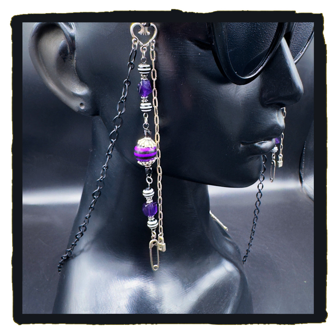 Heart Safety Handmade Eyewear Chain – Silver Heart Connector, Safety Pin & Padlock Charms with Amethyst