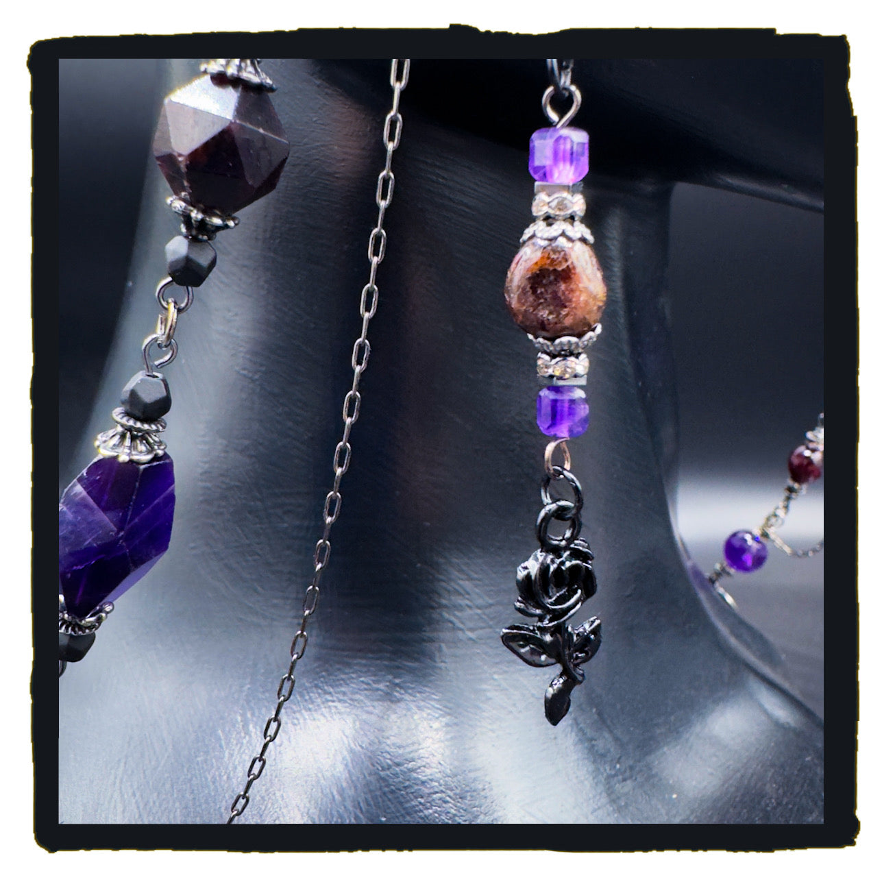 When Roses Bloom Handmade Eyewear Chain – Amethyst, Garnet & Black Rose Charms