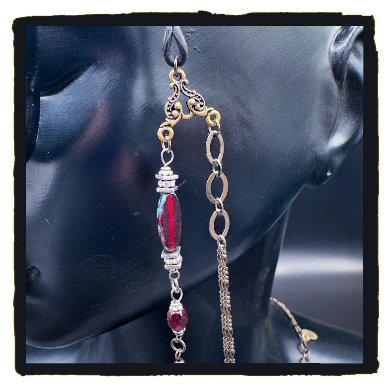 Red Crescent Beauty Handmade Eyewear Chain – Red Czech Glass Beads & Black Crescent Moon Charms