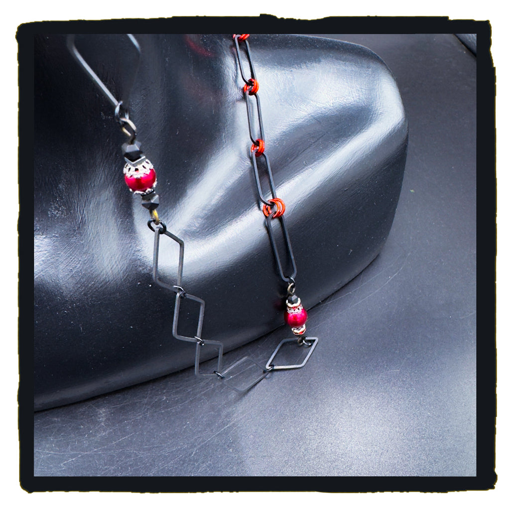 The Red Hour Handmade Eyewear Chain – Black Diamond Connectors, Red Rings & Spider Web Charms