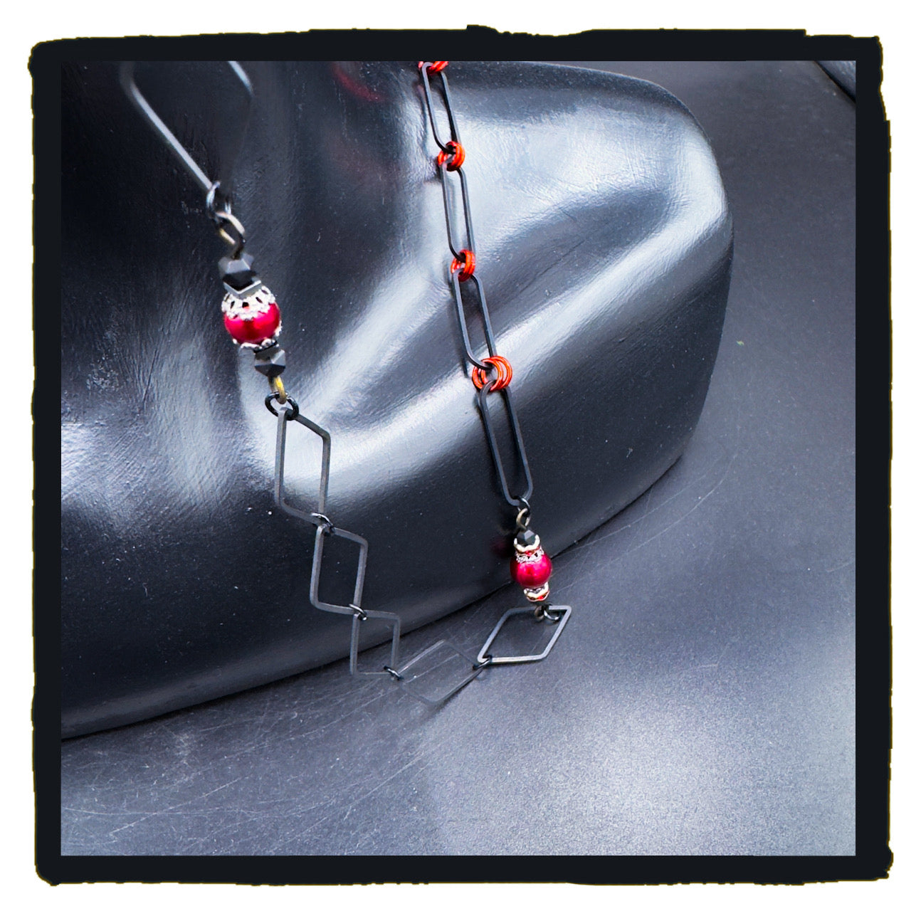 The Red Hour Handmade Eyewear Chain – Black Diamond Connectors, Red Rings & Spider Web Charms