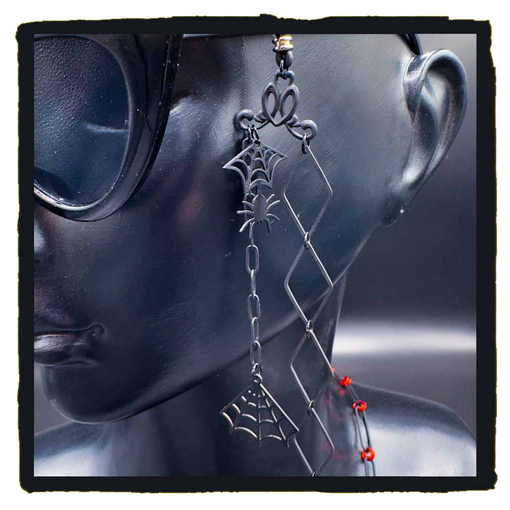 The Red Hour Handmade Eyewear Chain – Black Diamond Connectors, Red Rings & Spider Web Charms