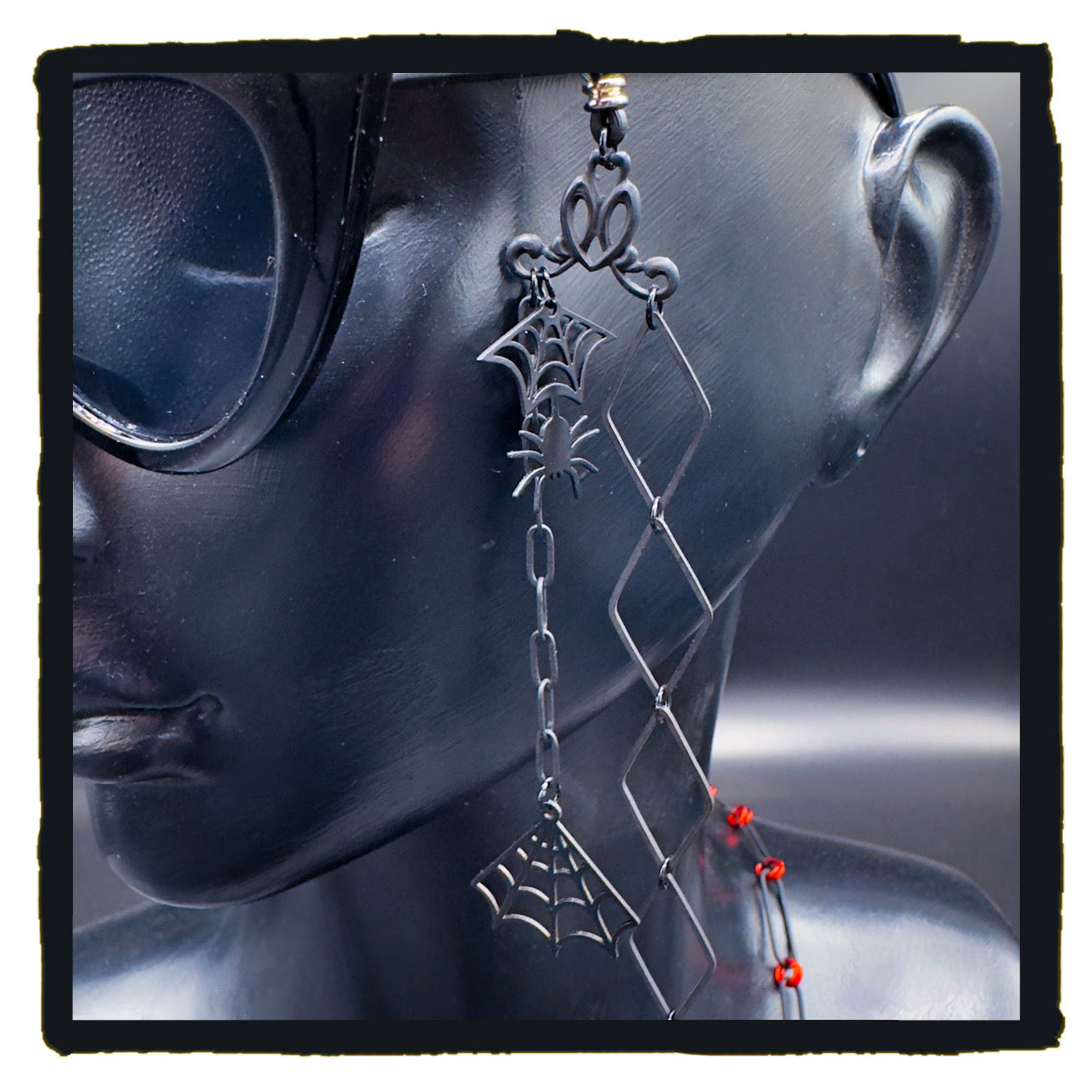 The Red Hour Handmade Eyewear Chain – Black Diamond Connectors, Red Rings & Spider Web Charms