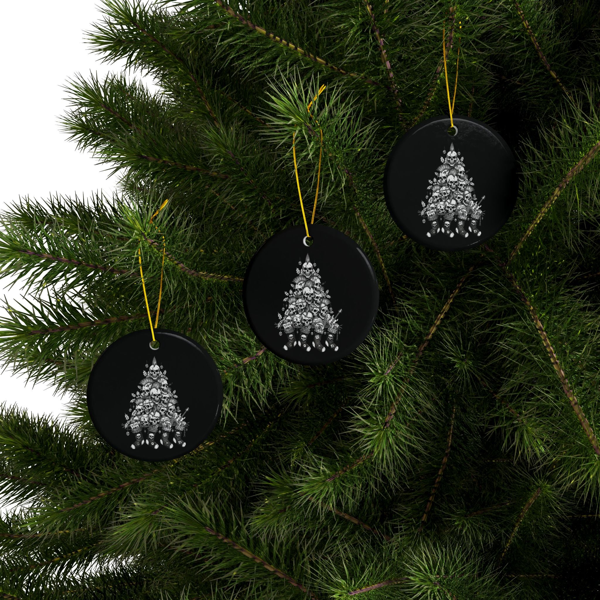 Punk Rock Christmas Ceramic Ornament — Black & White Tree and Stockings (Two-Sided)