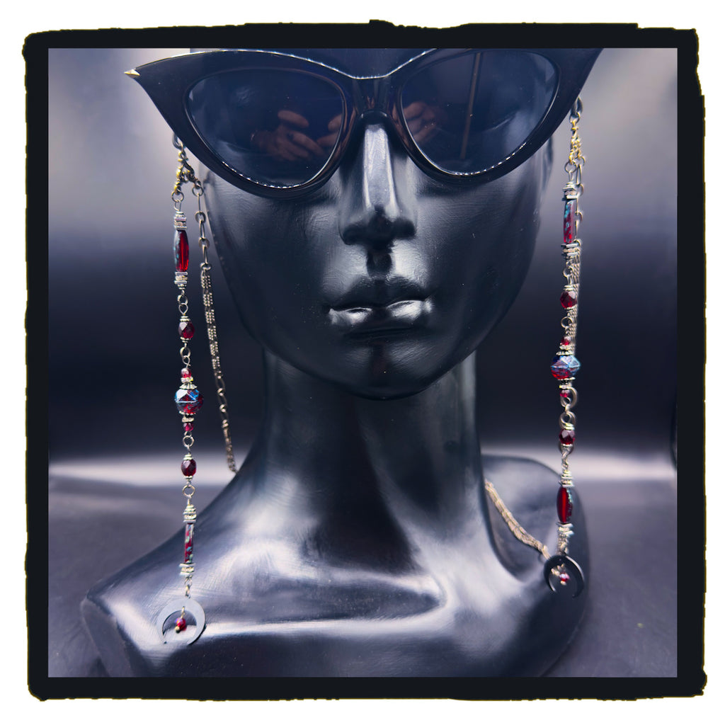 Red Crescent Beauty Handmade Eyewear Chain – Red Czech Glass Beads & Black Crescent Moon Charms