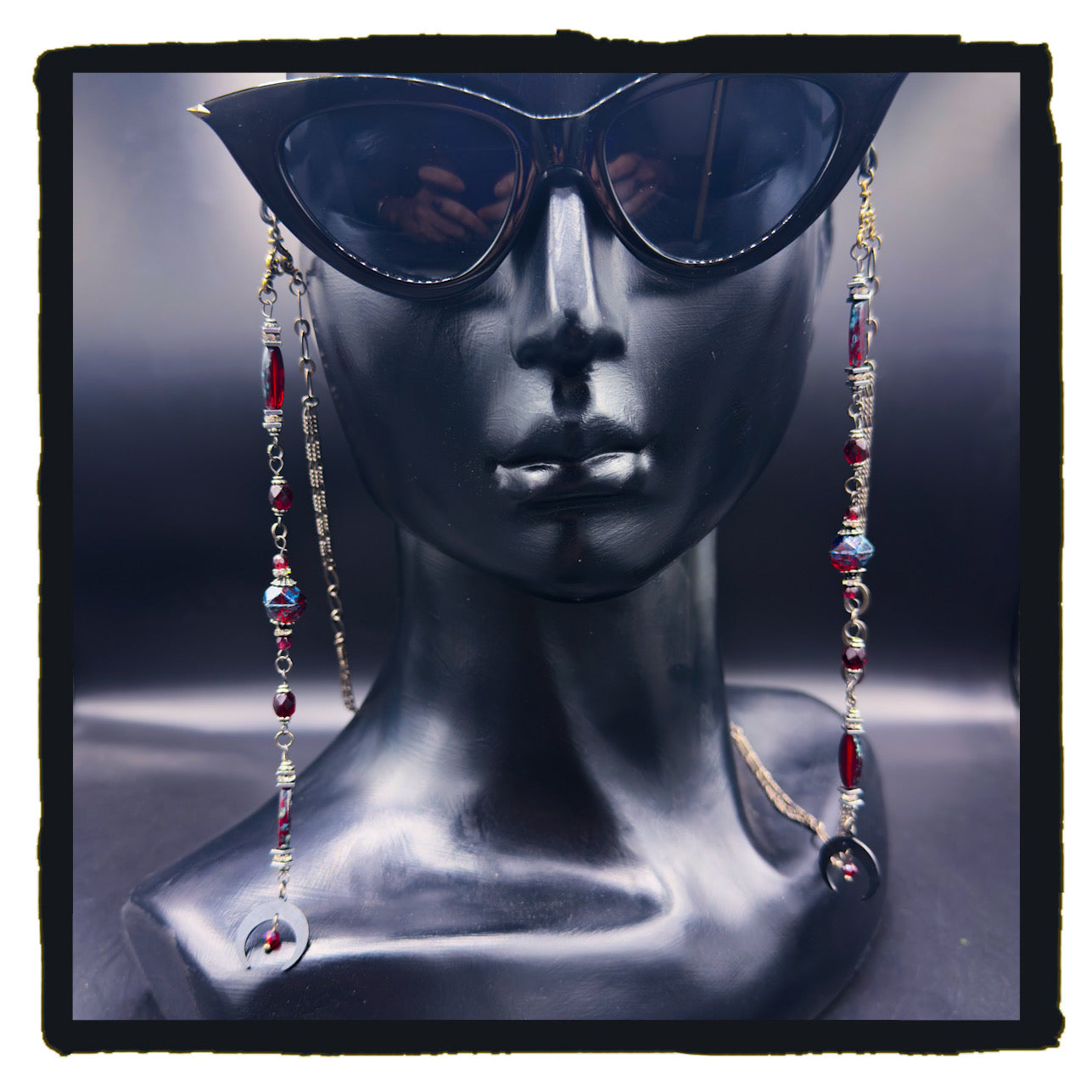 Red Crescent Beauty Handmade Eyewear Chain – Red Czech Glass Beads & Black Crescent Moon Charms