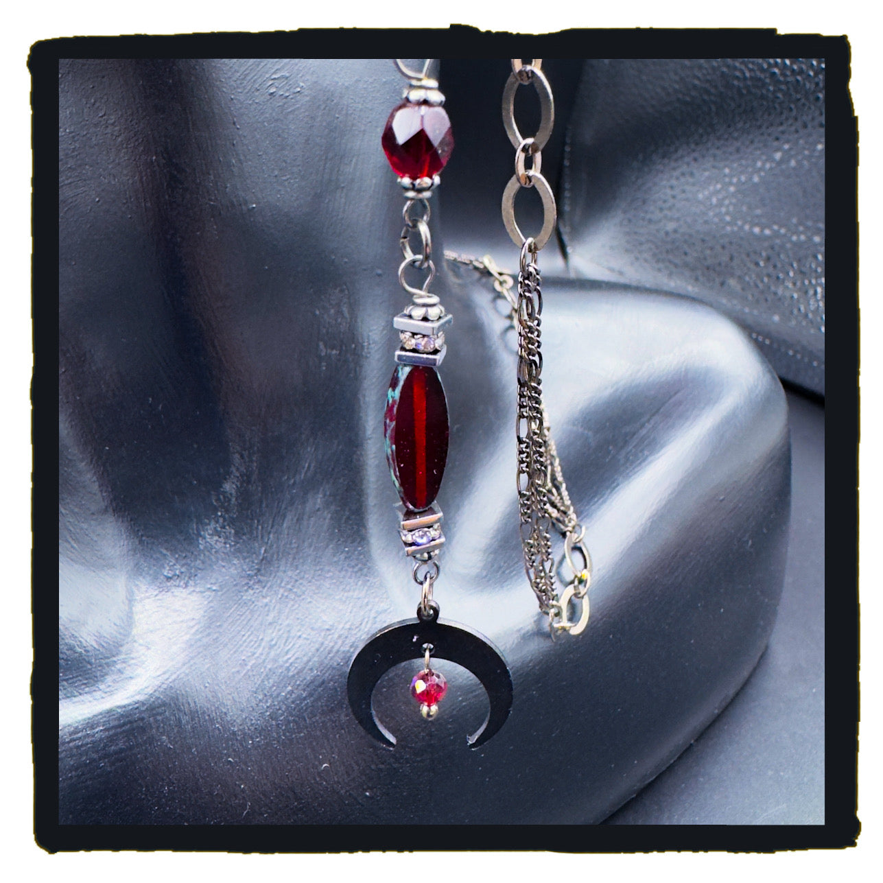 Red Crescent Beauty Handmade Eyewear Chain – Red Czech Glass Beads & Black Crescent Moon Charms