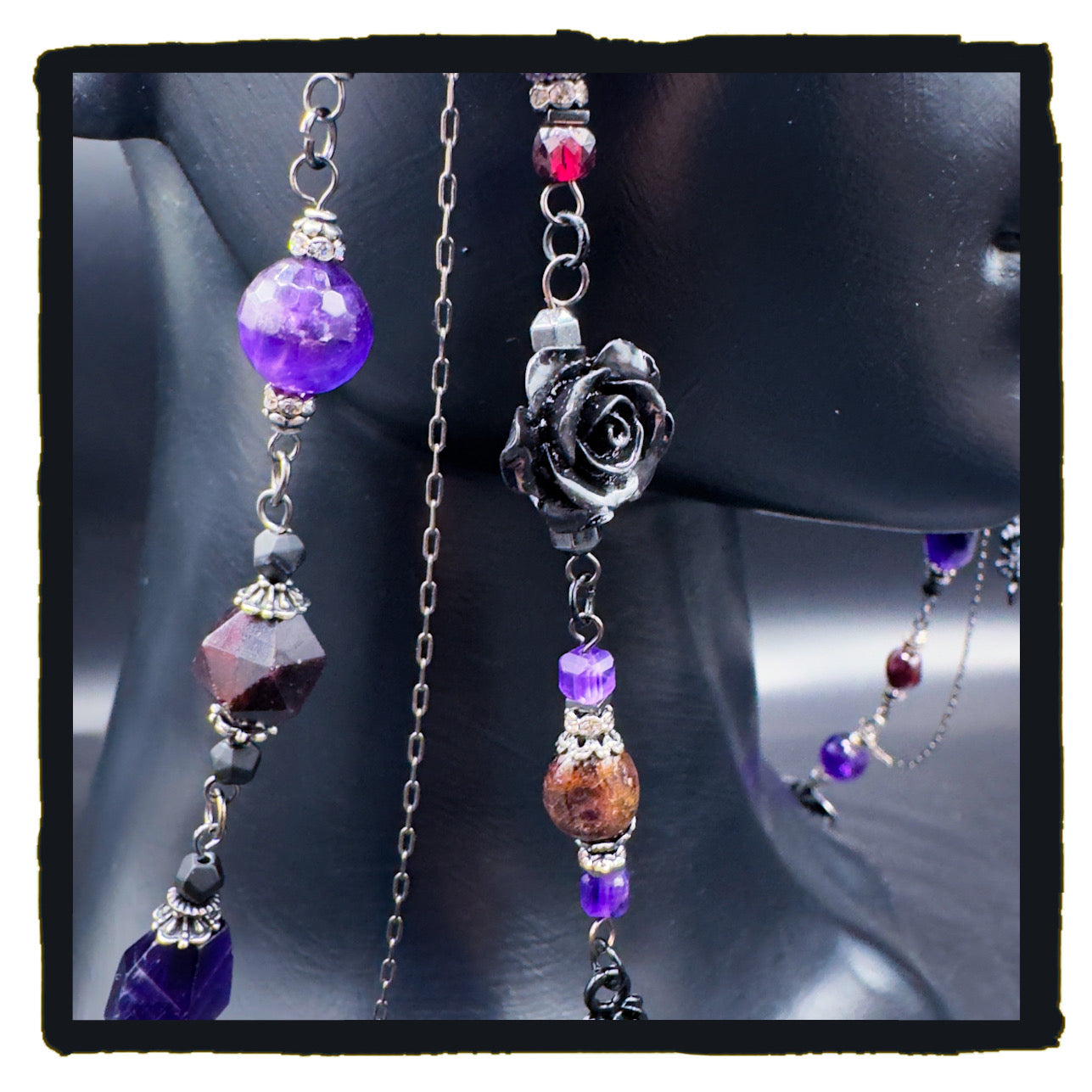 When Roses Bloom Handmade Eyewear Chain – Amethyst, Garnet & Black Rose Charms