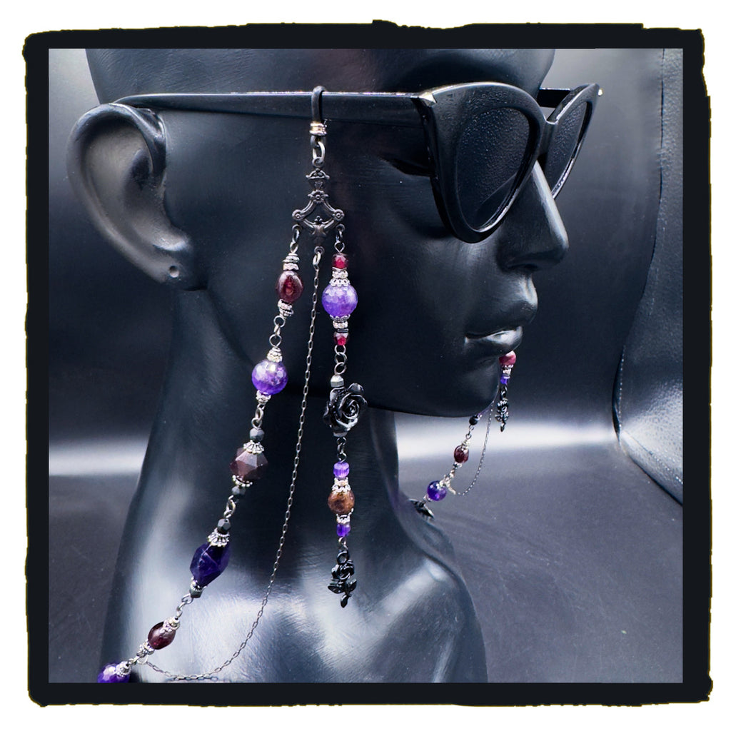 When Roses Bloom Handmade Eyewear Chain – Amethyst, Garnet & Black Rose Charms