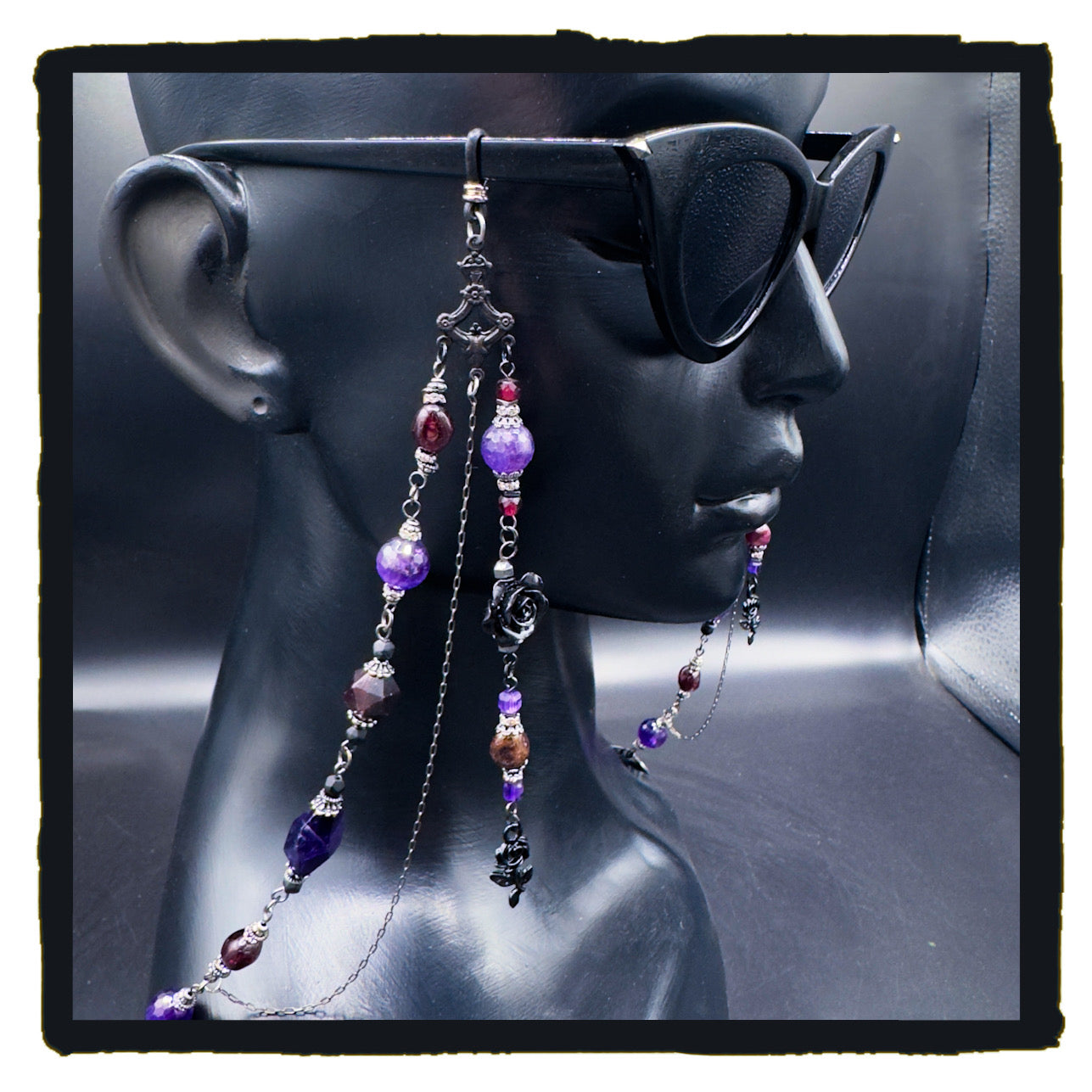 When Roses Bloom Handmade Eyewear Chain – Amethyst, Garnet & Black Rose Charms