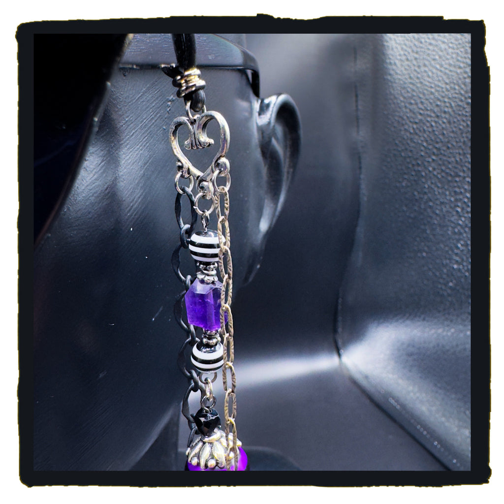 Heart Safety Handmade Eyewear Chain – Silver Heart Connector, Safety Pin & Padlock Charms with Amethyst