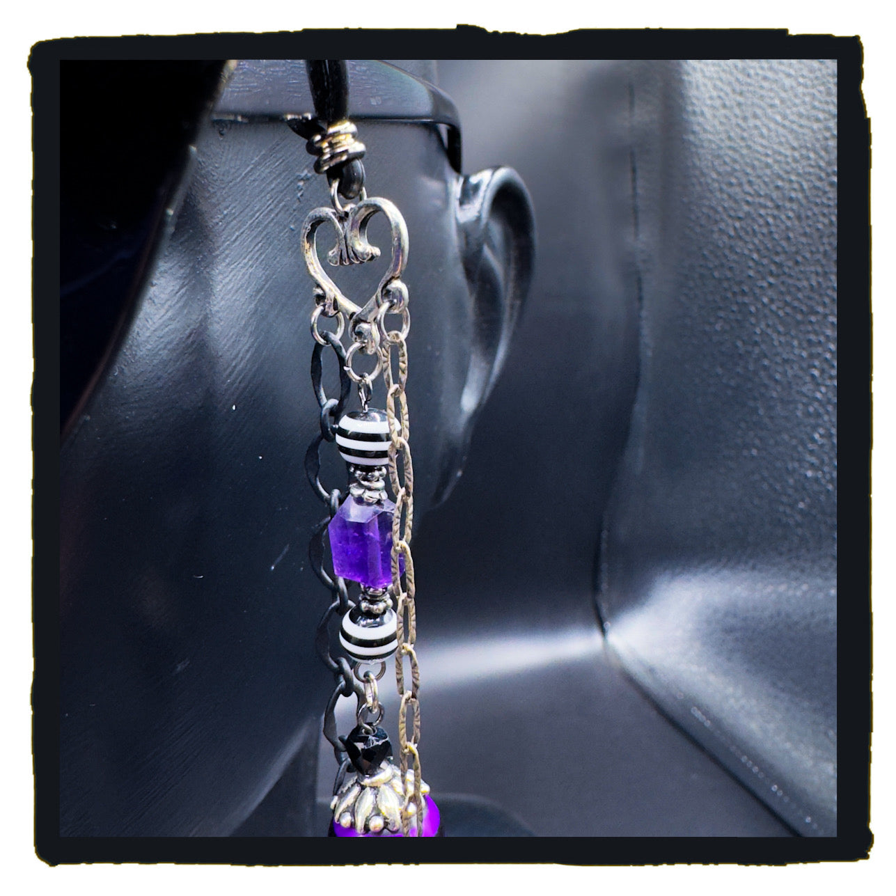 Heart Safety Handmade Eyewear Chain – Silver Heart Connector, Safety Pin & Padlock Charms with Amethyst