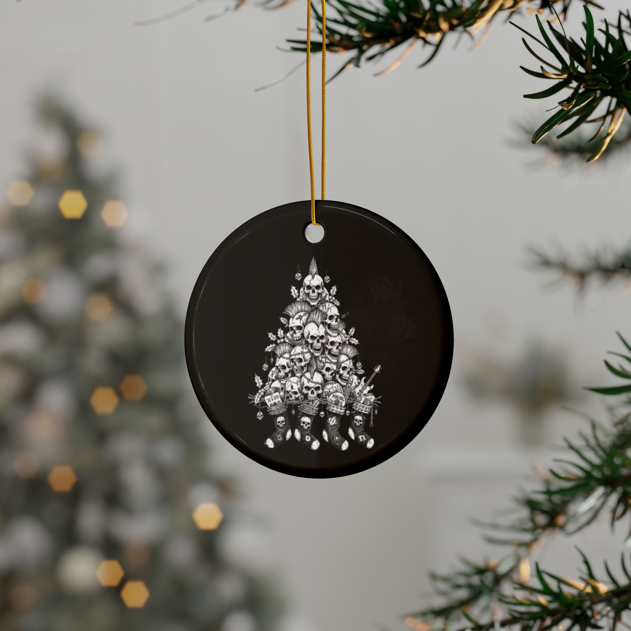 Punk Rock Christmas Ceramic Ornament — Black & White Tree and Stockings (Two-Sided)