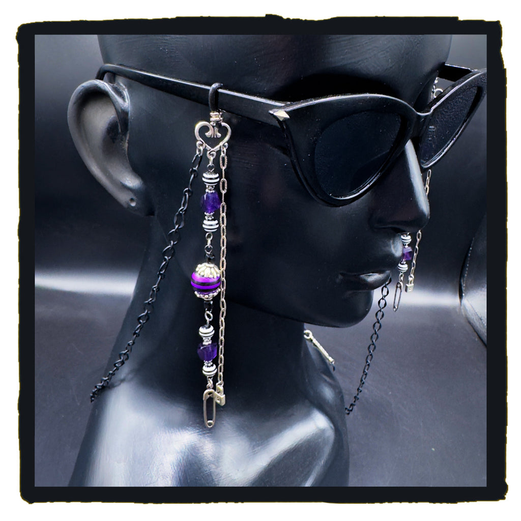 Heart Safety Handmade Eyewear Chain – Silver Heart Connector, Safety Pin & Padlock Charms with Amethyst