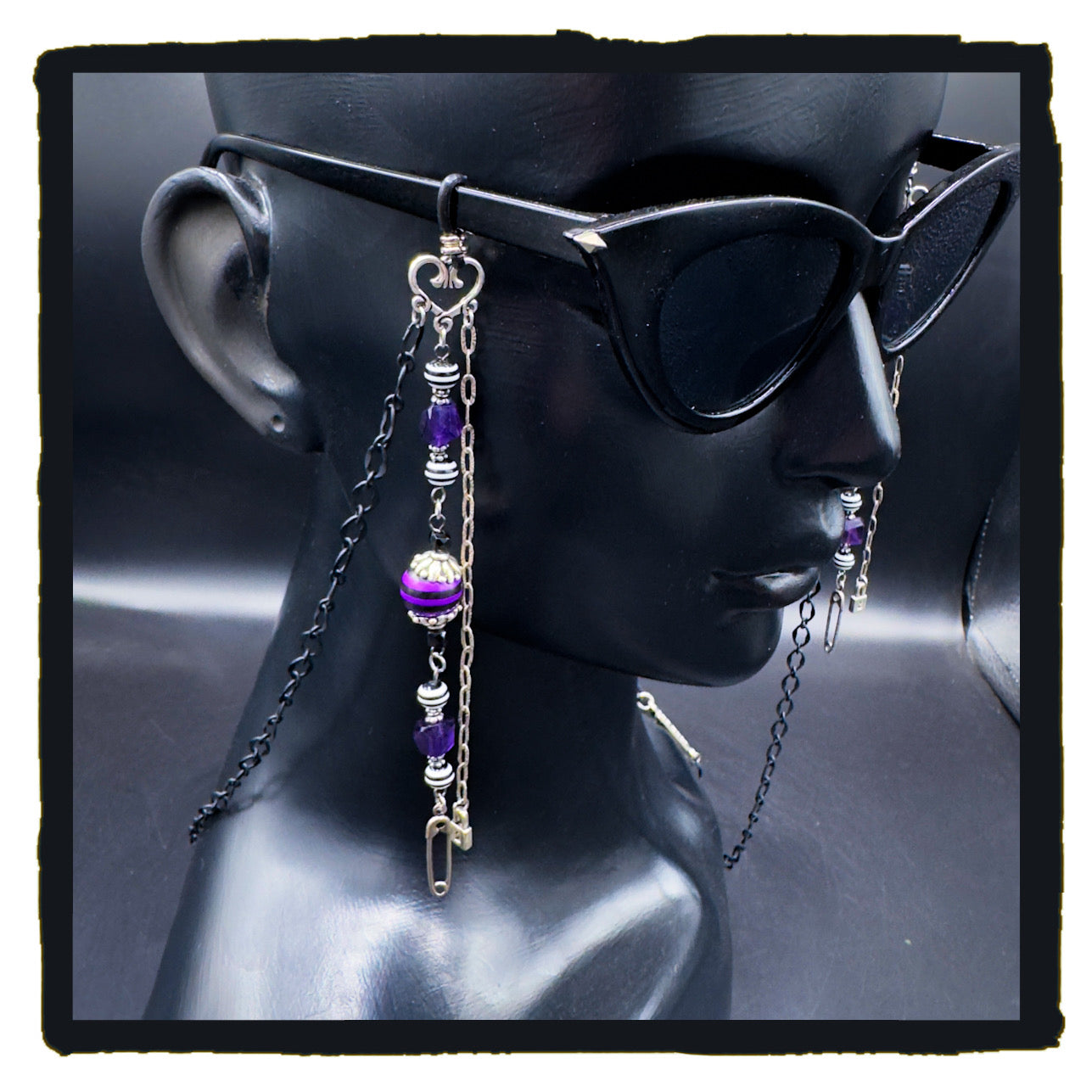 Heart Safety Handmade Eyewear Chain – Silver Heart Connector, Safety Pin & Padlock Charms with Amethyst