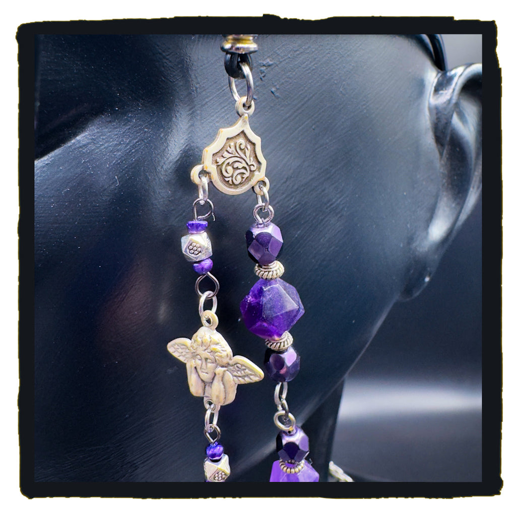 Death Loves Purple Handmade Eyewear Chain – Amethyst Beads, Reaper & Evil Eye Charms, Stainless Steel Chain