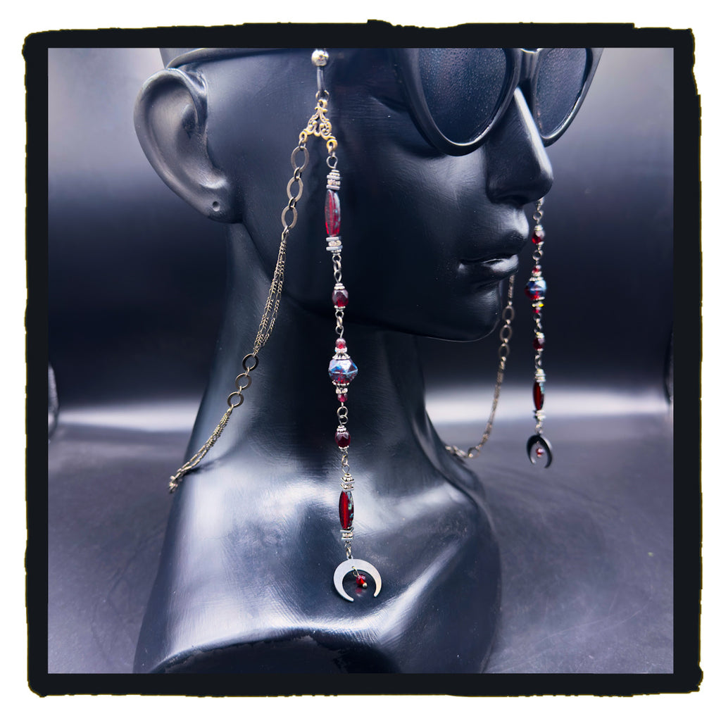 Red Crescent Beauty Handmade Eyewear Chain – Red Czech Glass Beads & Black Crescent Moon Charms