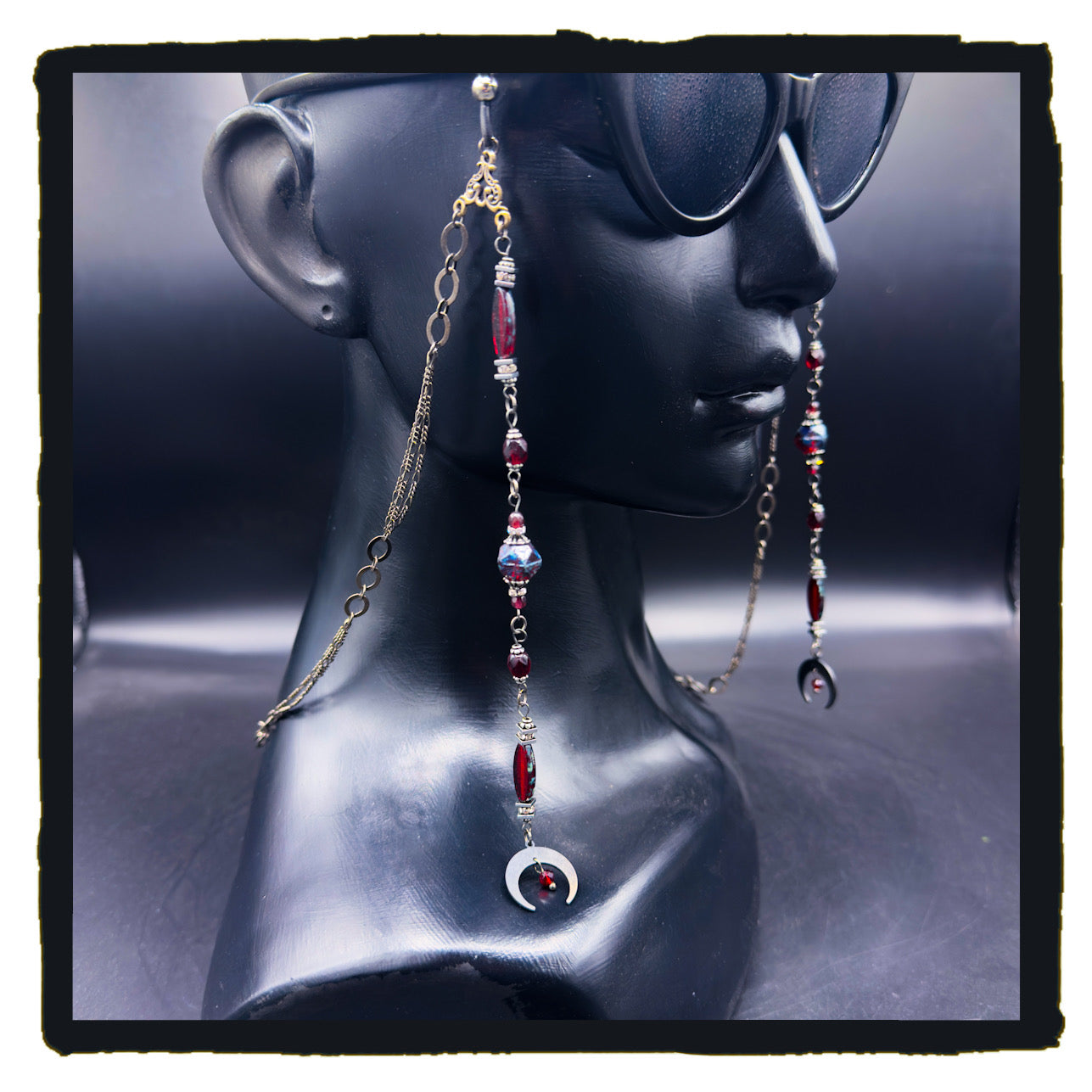 Red Crescent Beauty Handmade Eyewear Chain – Red Czech Glass Beads & Black Crescent Moon Charms