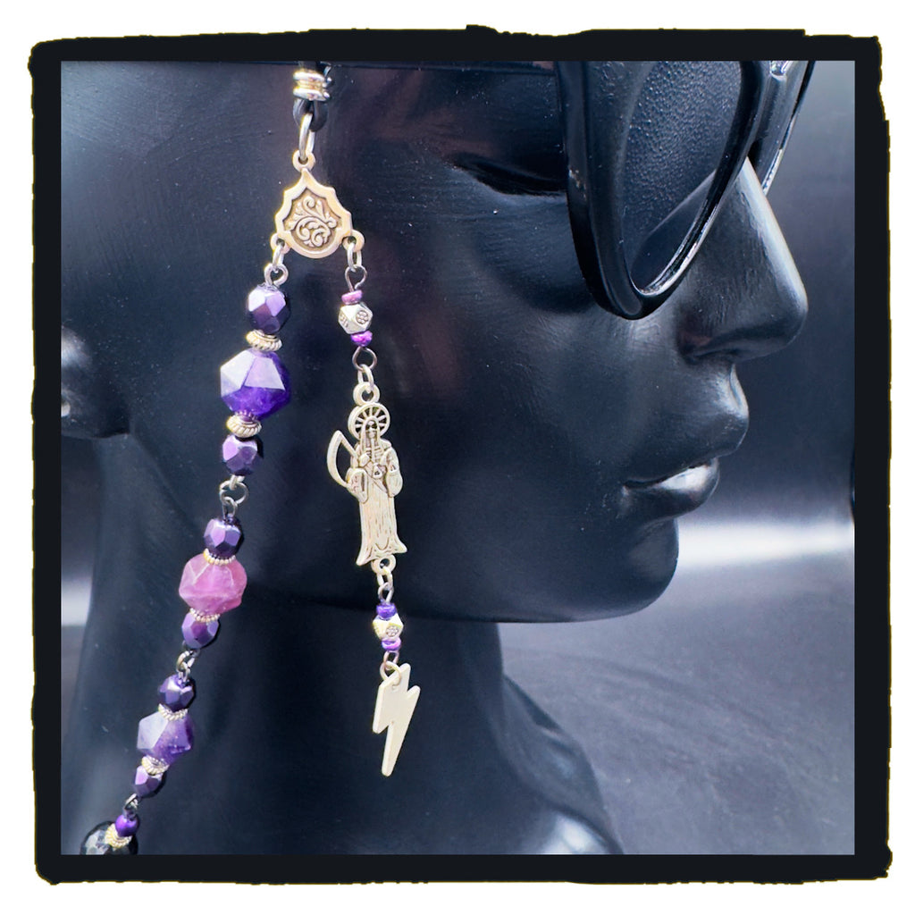 Death Loves Purple Handmade Eyewear Chain – Amethyst Beads, Reaper & Evil Eye Charms, Stainless Steel Chain
