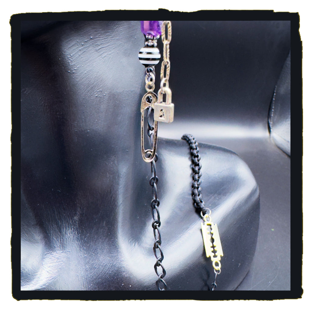 Heart Safety Handmade Eyewear Chain – Silver Heart Connector, Safety Pin & Padlock Charms with Amethyst