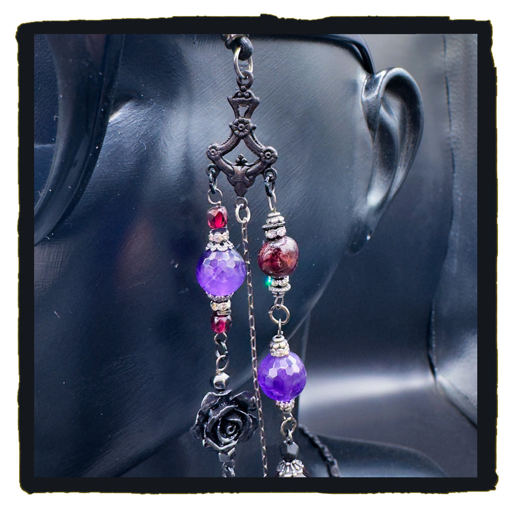 When Roses Bloom Handmade Eyewear Chain – Amethyst, Garnet & Black Rose Charms