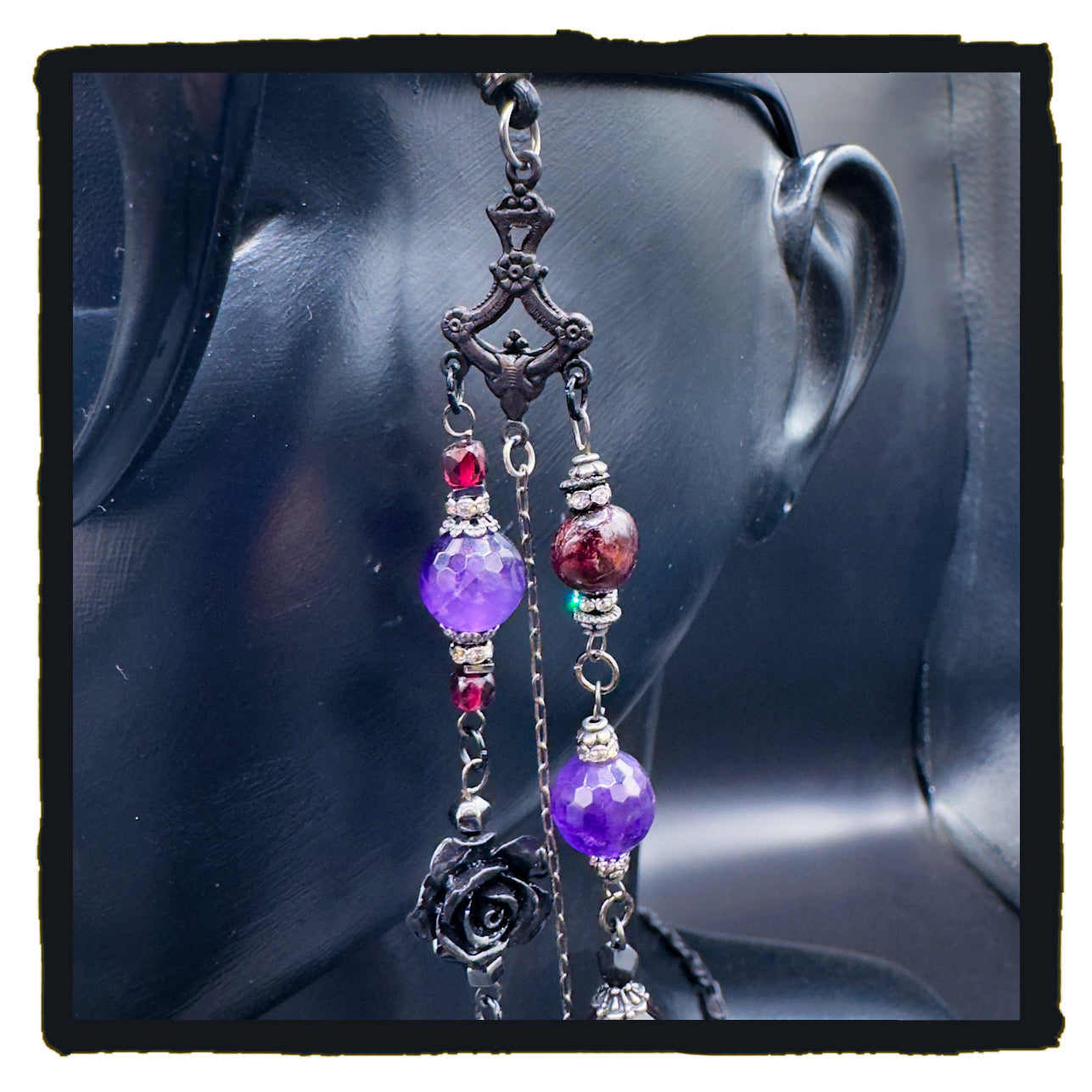 When Roses Bloom Handmade Eyewear Chain – Amethyst, Garnet & Black Rose Charms