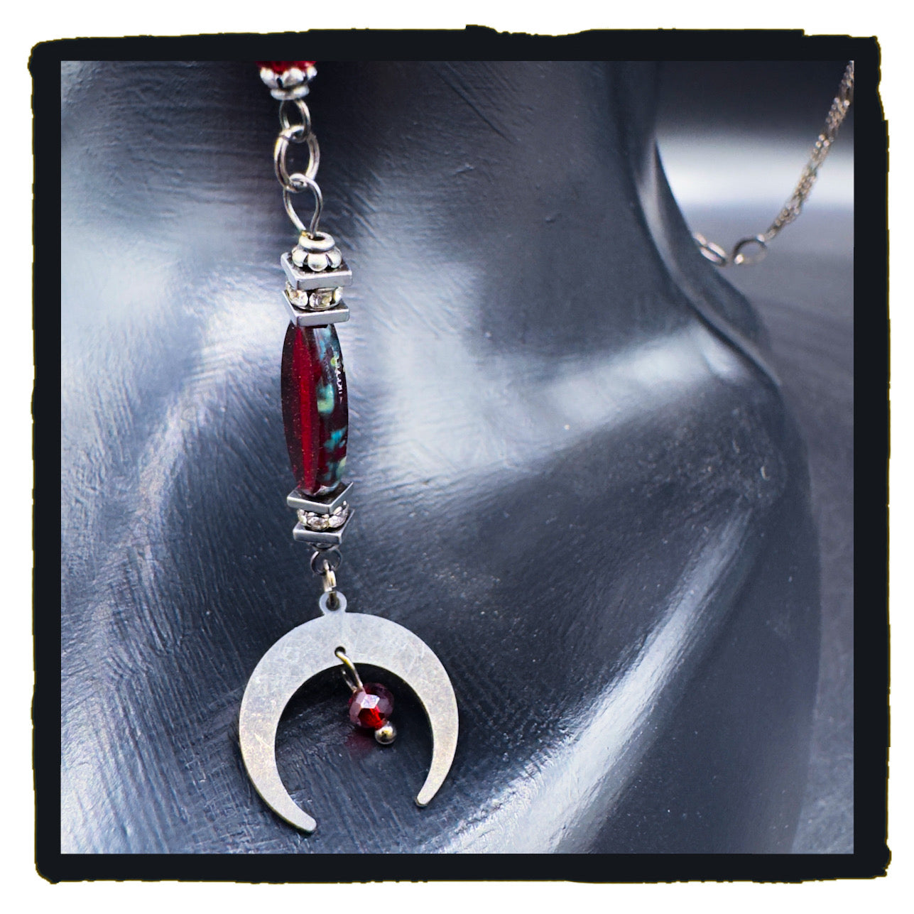 Red Crescent Beauty Handmade Eyewear Chain – Red Czech Glass Beads & Black Crescent Moon Charms