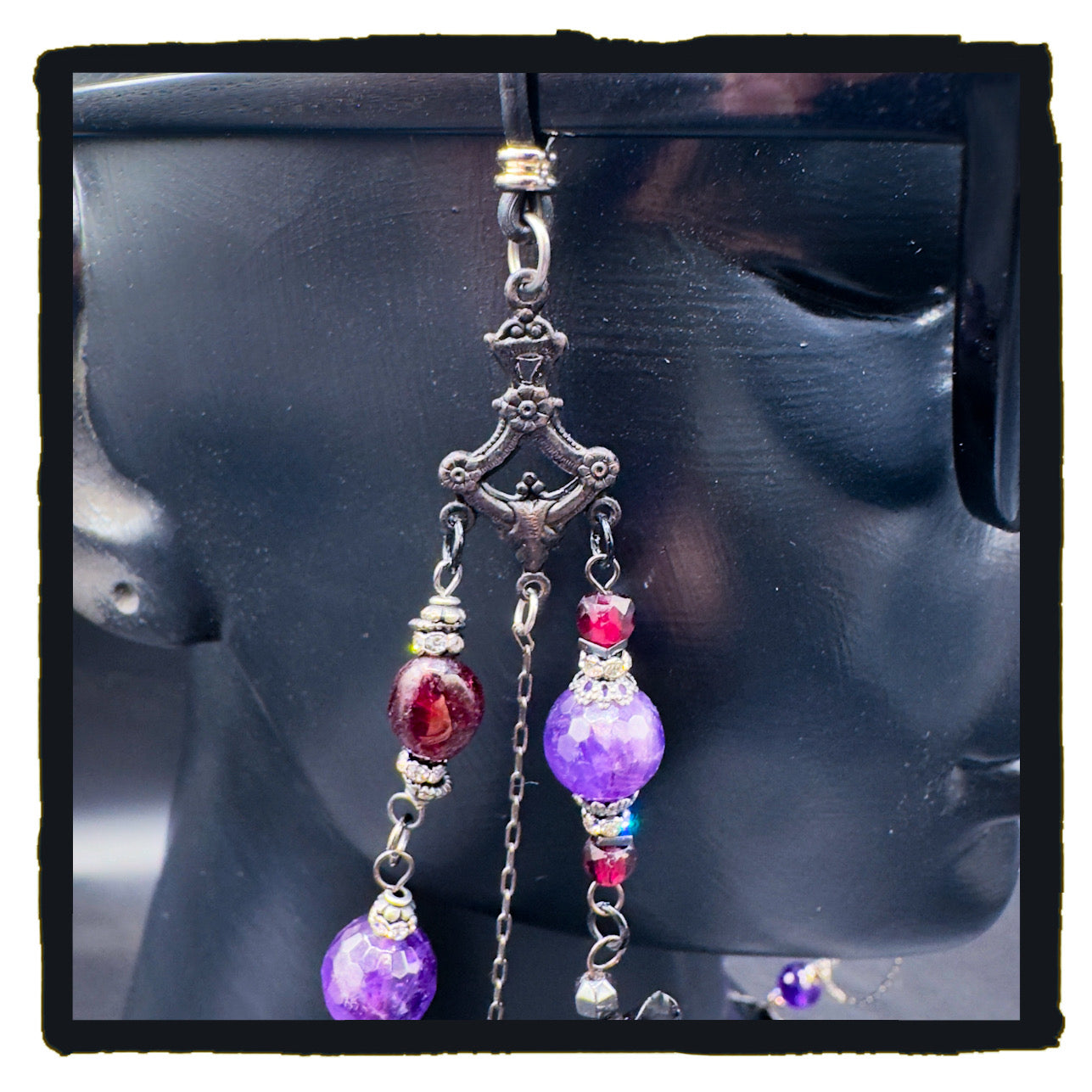 When Roses Bloom Handmade Eyewear Chain – Amethyst, Garnet & Black Rose Charms