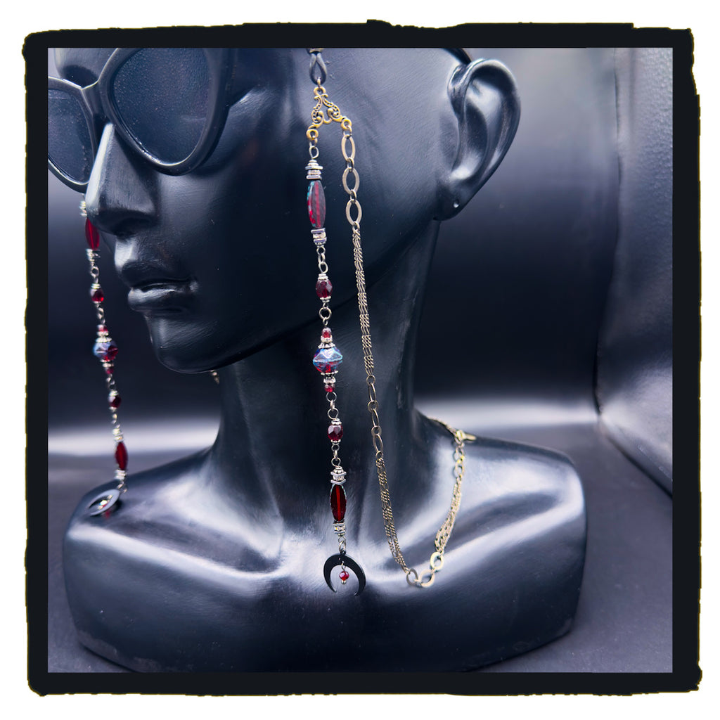 Red Crescent Beauty Handmade Eyewear Chain – Red Czech Glass Beads & Black Crescent Moon Charms