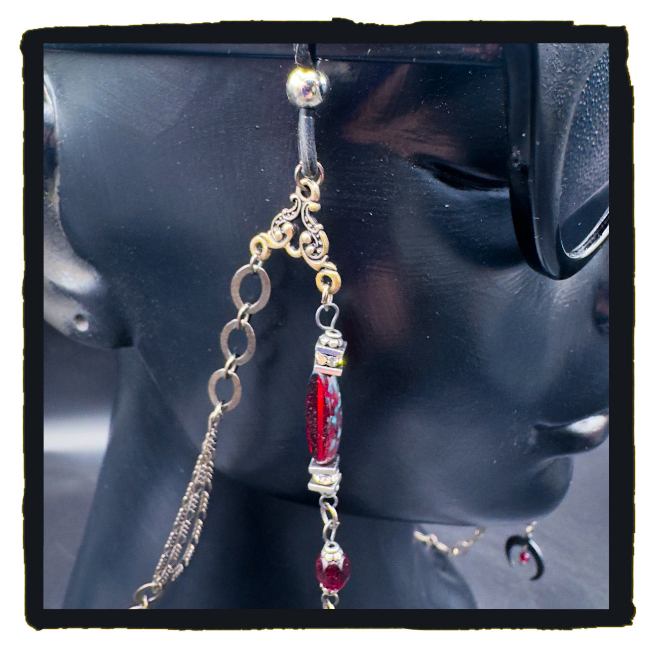 Red Crescent Beauty Handmade Eyewear Chain – Red Czech Glass Beads & Black Crescent Moon Charms