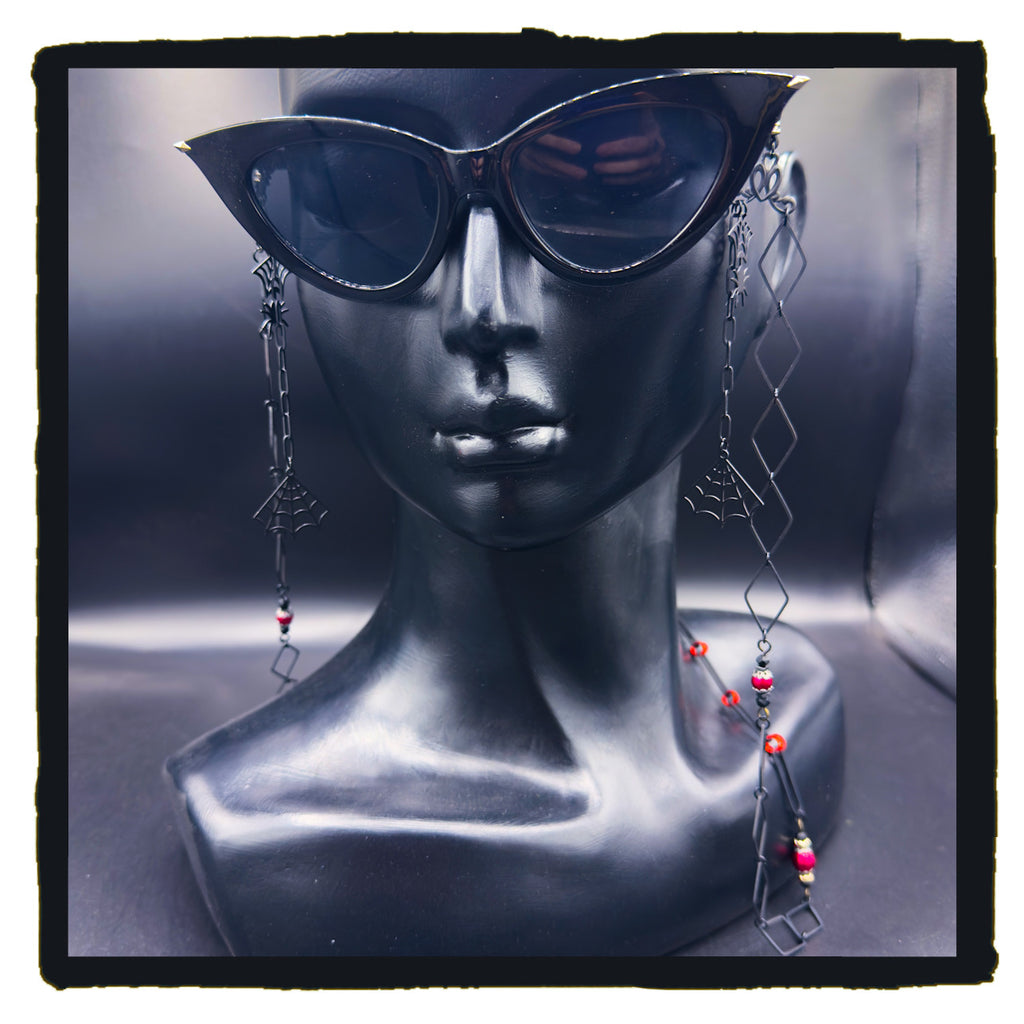 The Red Hour Handmade Eyewear Chain – Black Diamond Connectors, Red Rings & Spider Web Charms