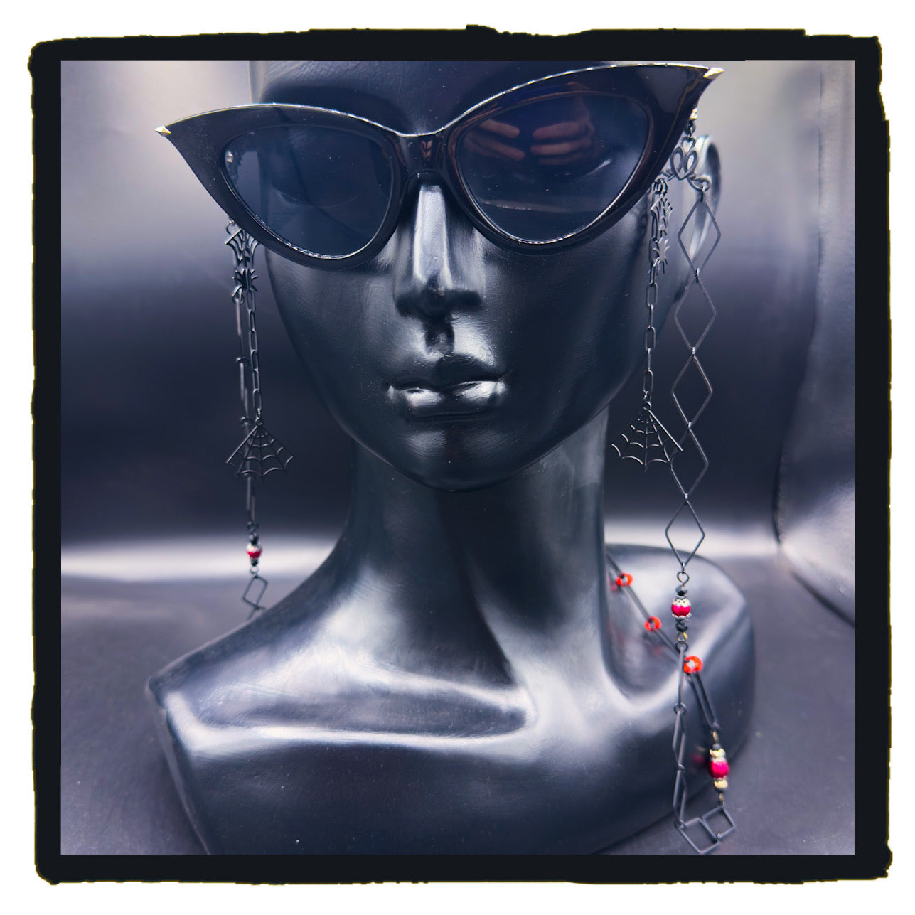 The Red Hour Handmade Eyewear Chain – Black Diamond Connectors, Red Rings & Spider Web Charms