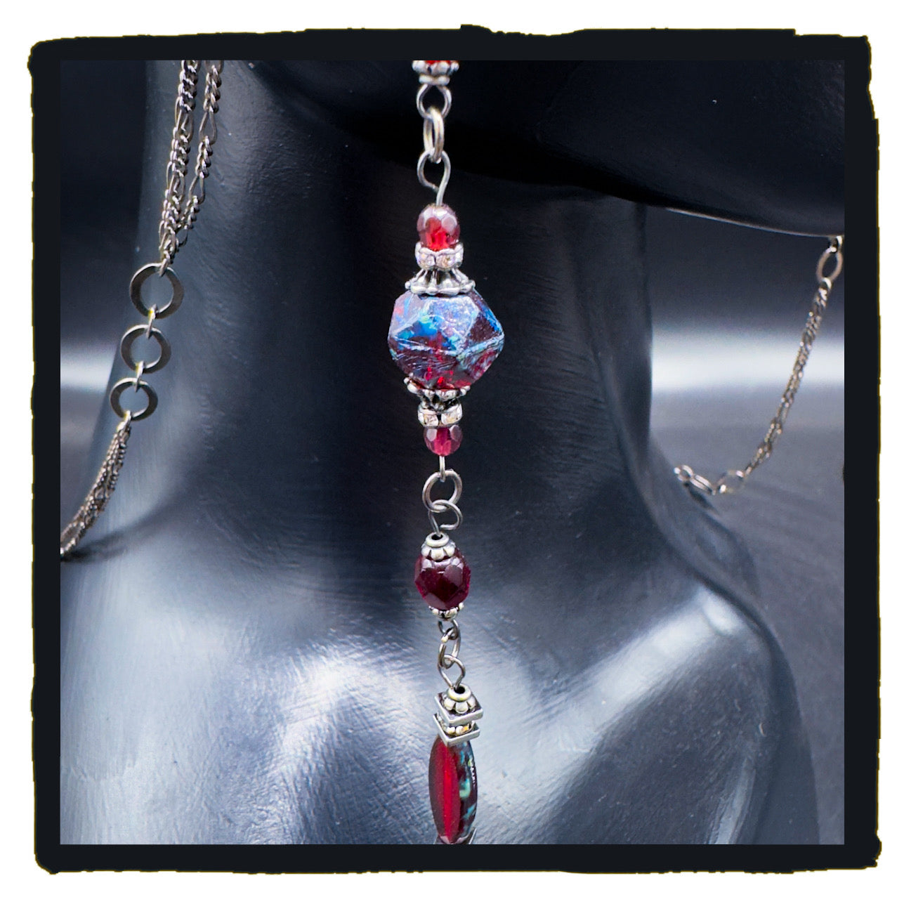 Red Crescent Beauty Handmade Eyewear Chain – Red Czech Glass Beads & Black Crescent Moon Charms