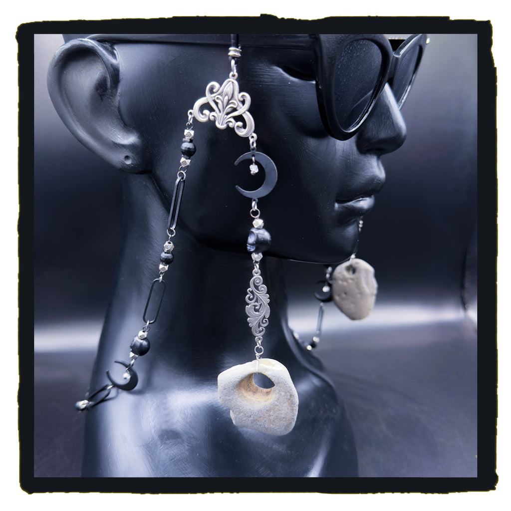 Witches Make Wishes Handmade Eyewear Chain – Hag Stones, Moon Charms, Skull Beads & Onyx